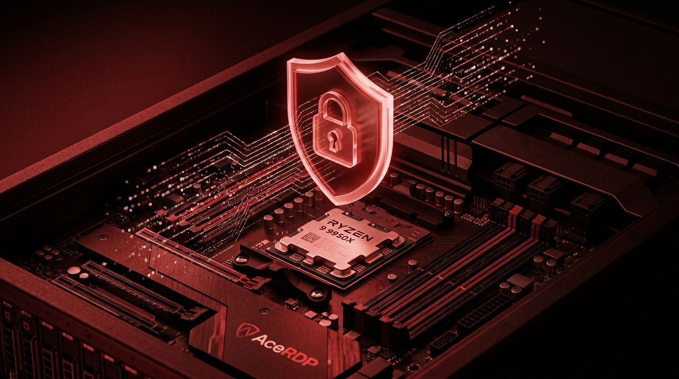 A close-up view of a computer motherboard with a glowing red shield symbolizing security