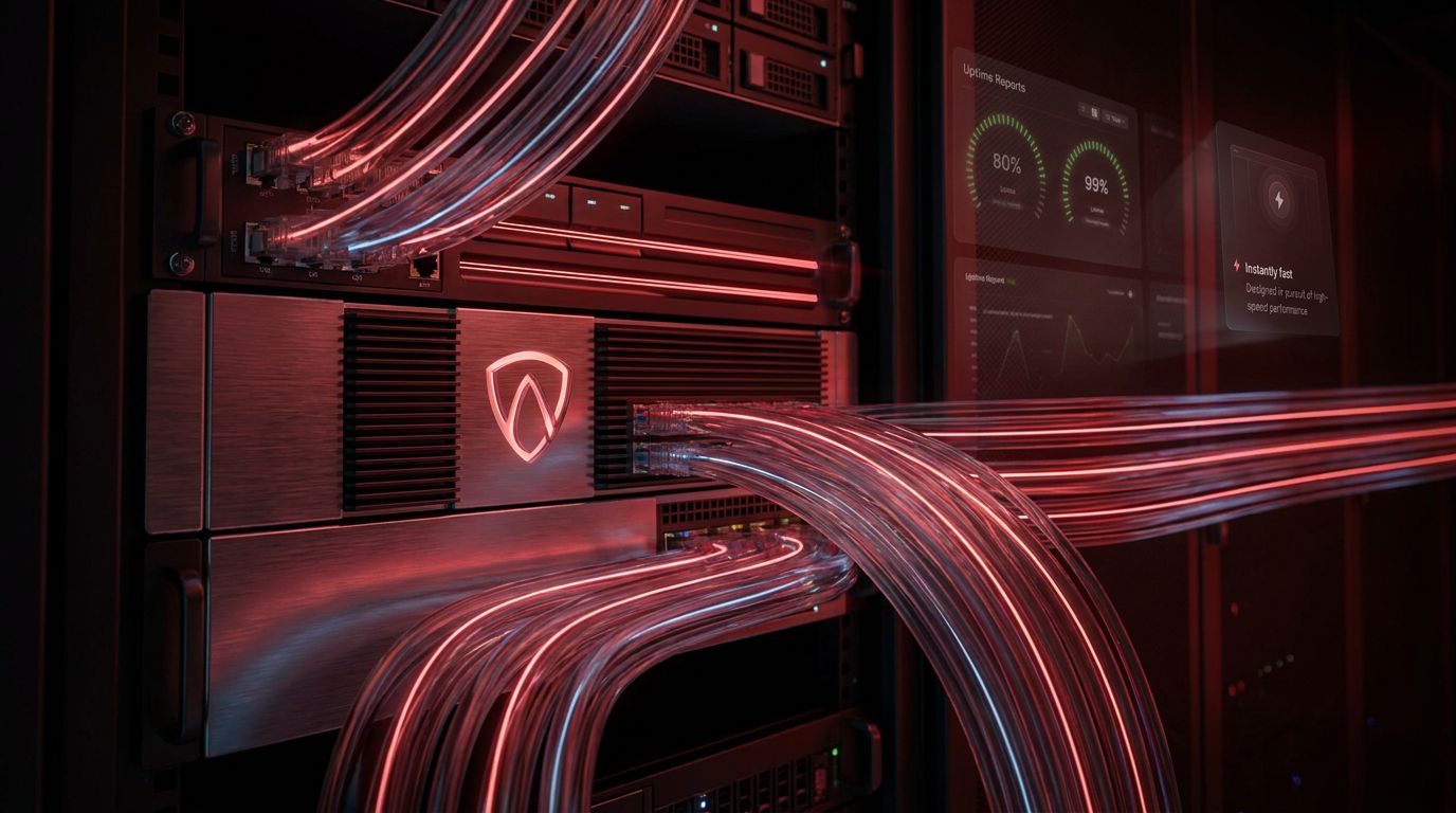 A close-up view of a server with glowing red cables connected, showcasing data flow and performance metrics.