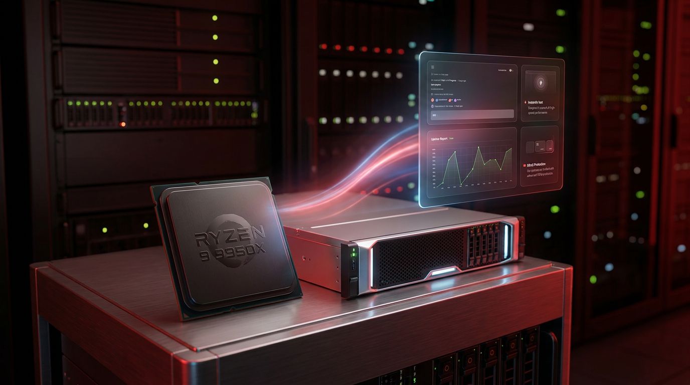 A Ryzen 9 5950X processor is shown alongside a sleek server unit, with digital graphs and data overlays