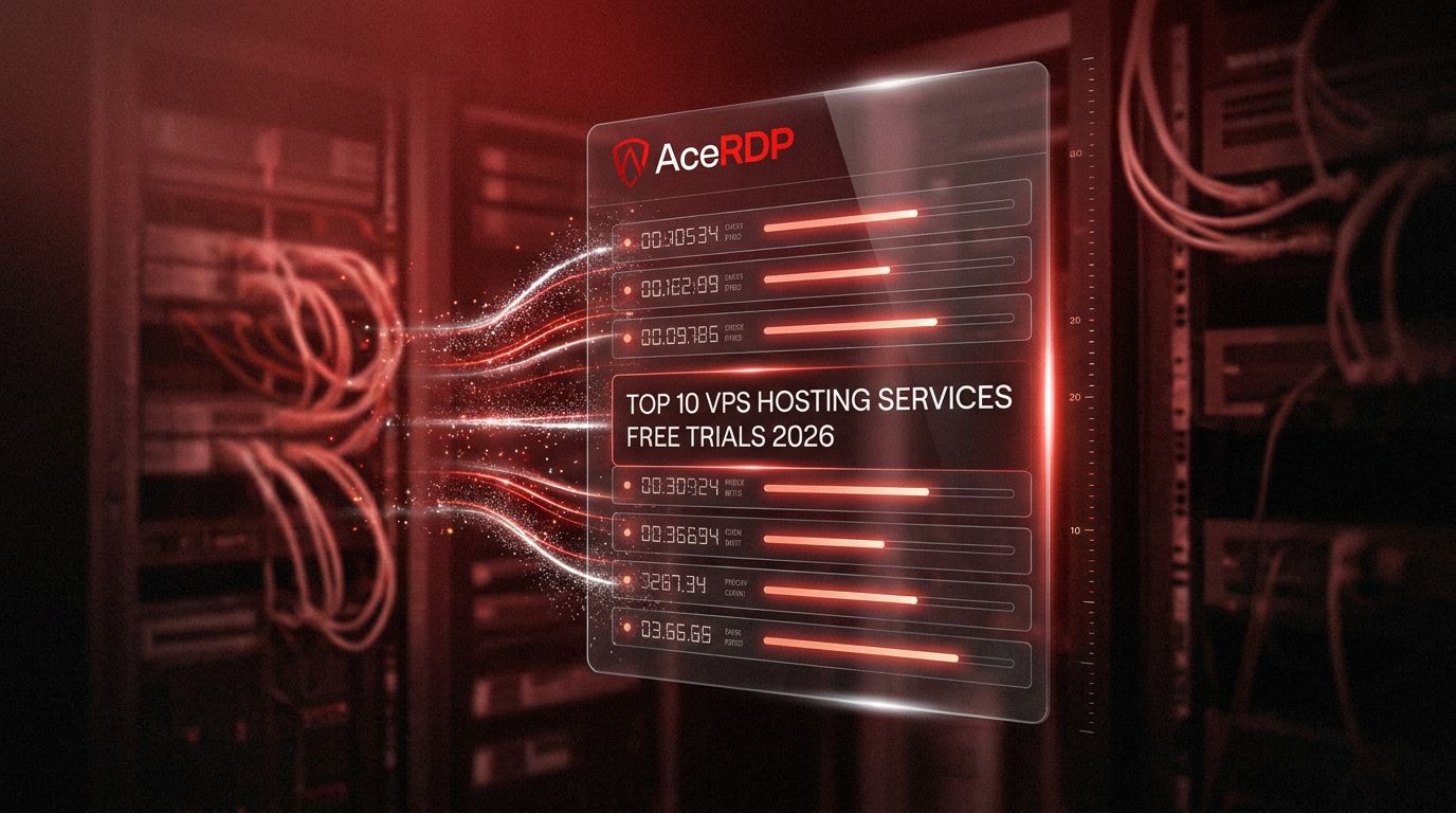 A digital display showcasing the top 10 VPS hosting services with free trials for 2026, surrounded by server racks.