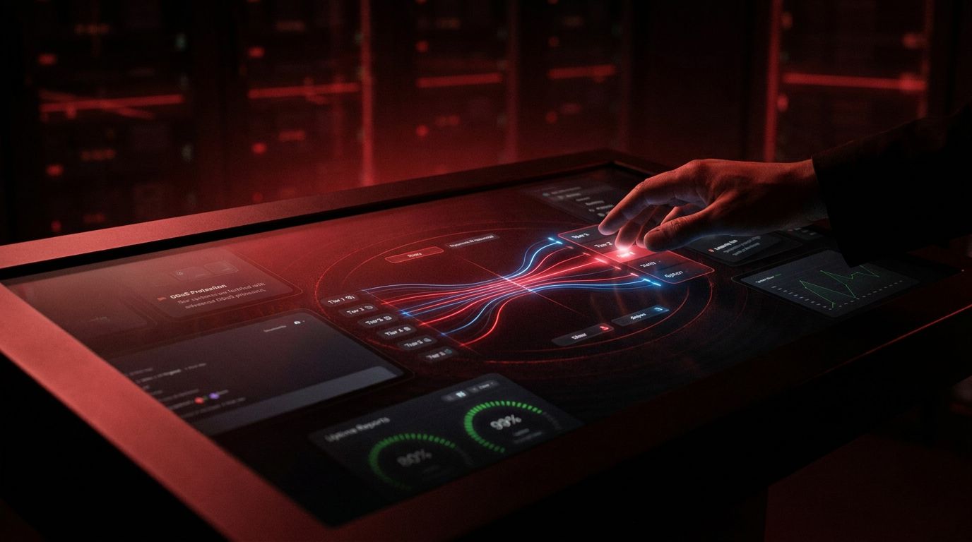 A hand interacts with a futuristic touchscreen interface displaying data graphs and metrics in a dimly lit server room.