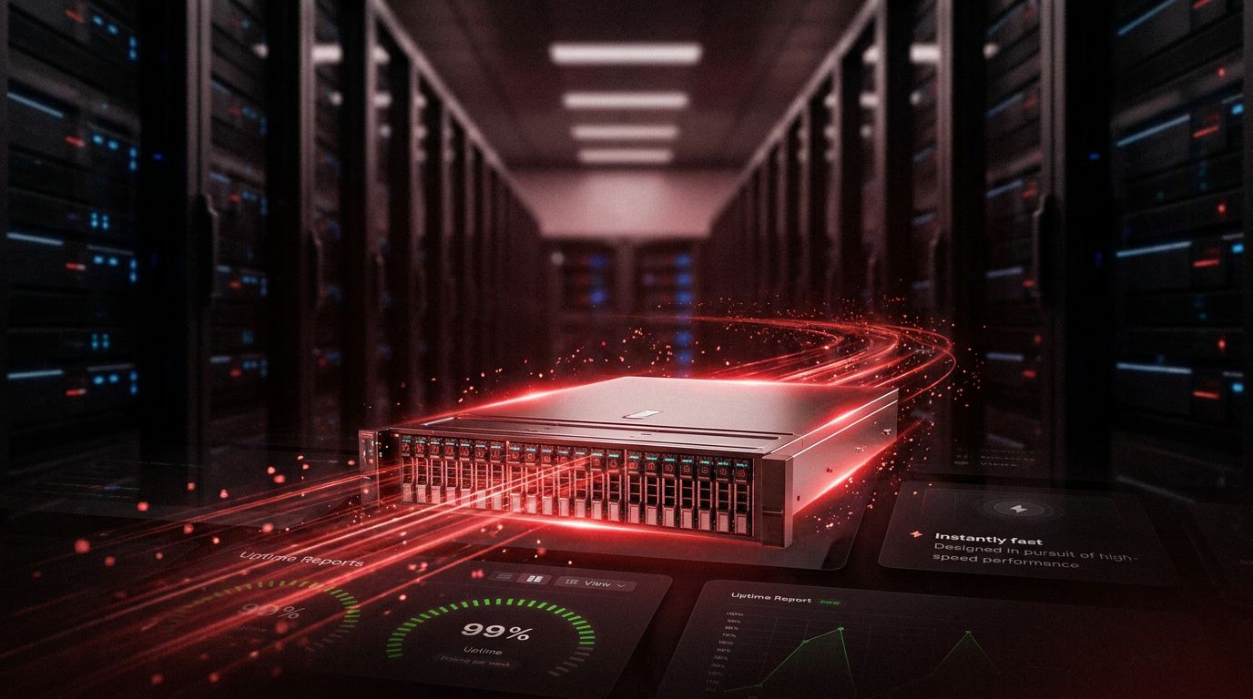 A high-performance server in a data center, with glowing red light trails and digital metrics displayed.