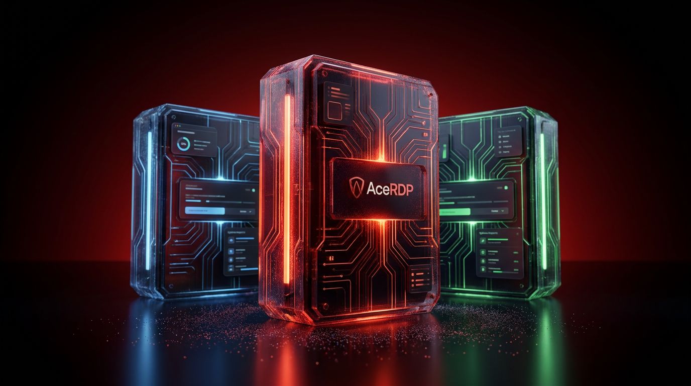 Three illuminated server units with circuit patterns in red, blue, and green against a dark background