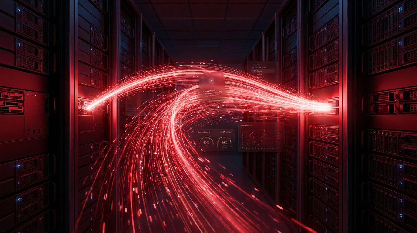 A dynamic flow of red light representing data transfer between server racks in a data center