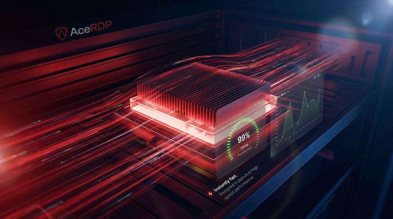 A futuristic server with glowing components and vibrant data streams, showcasing performance metrics.