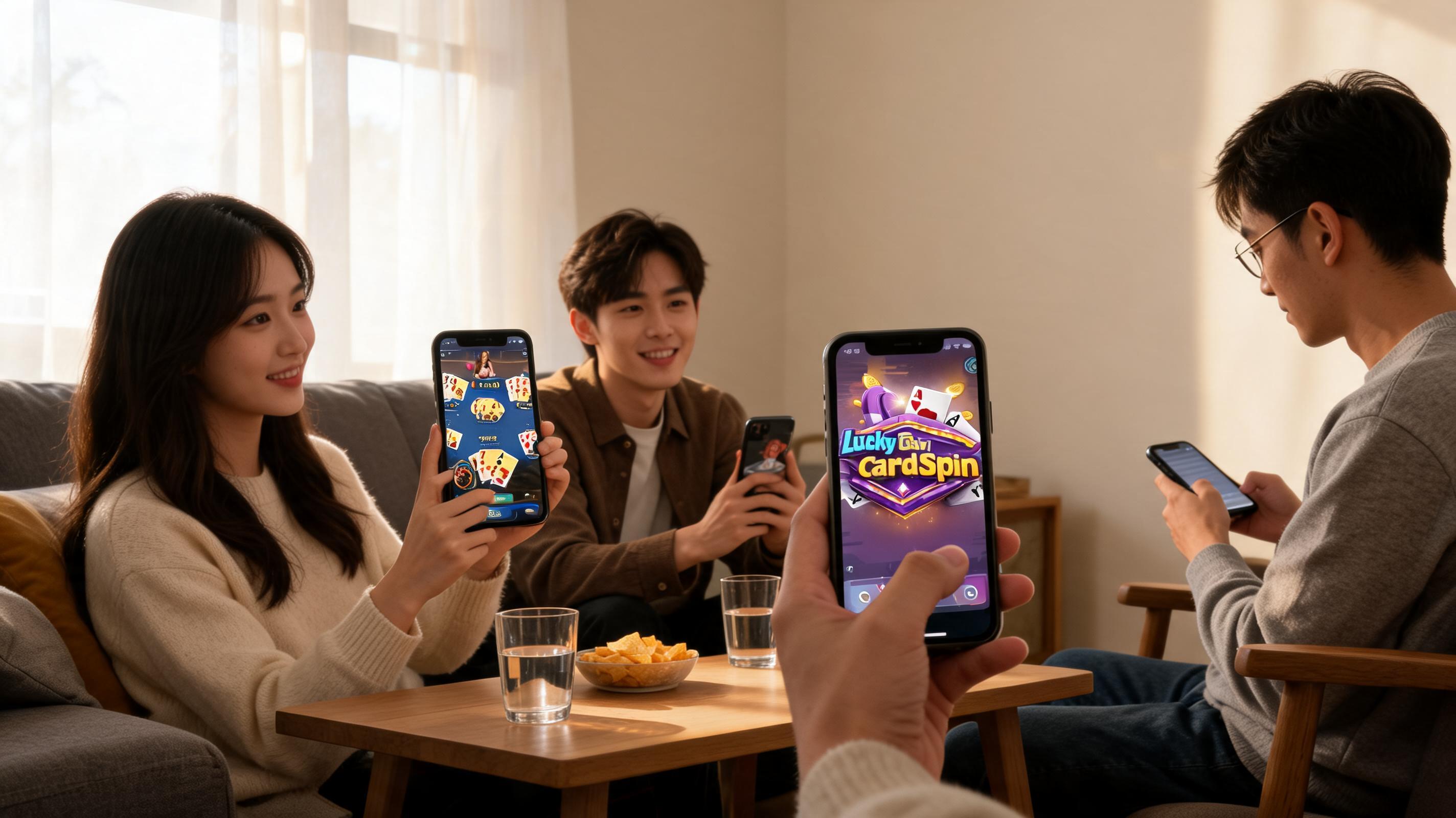 A group of friends sitting in a cozy living room, each holding smartphones displaying card games, with snacks on the table.