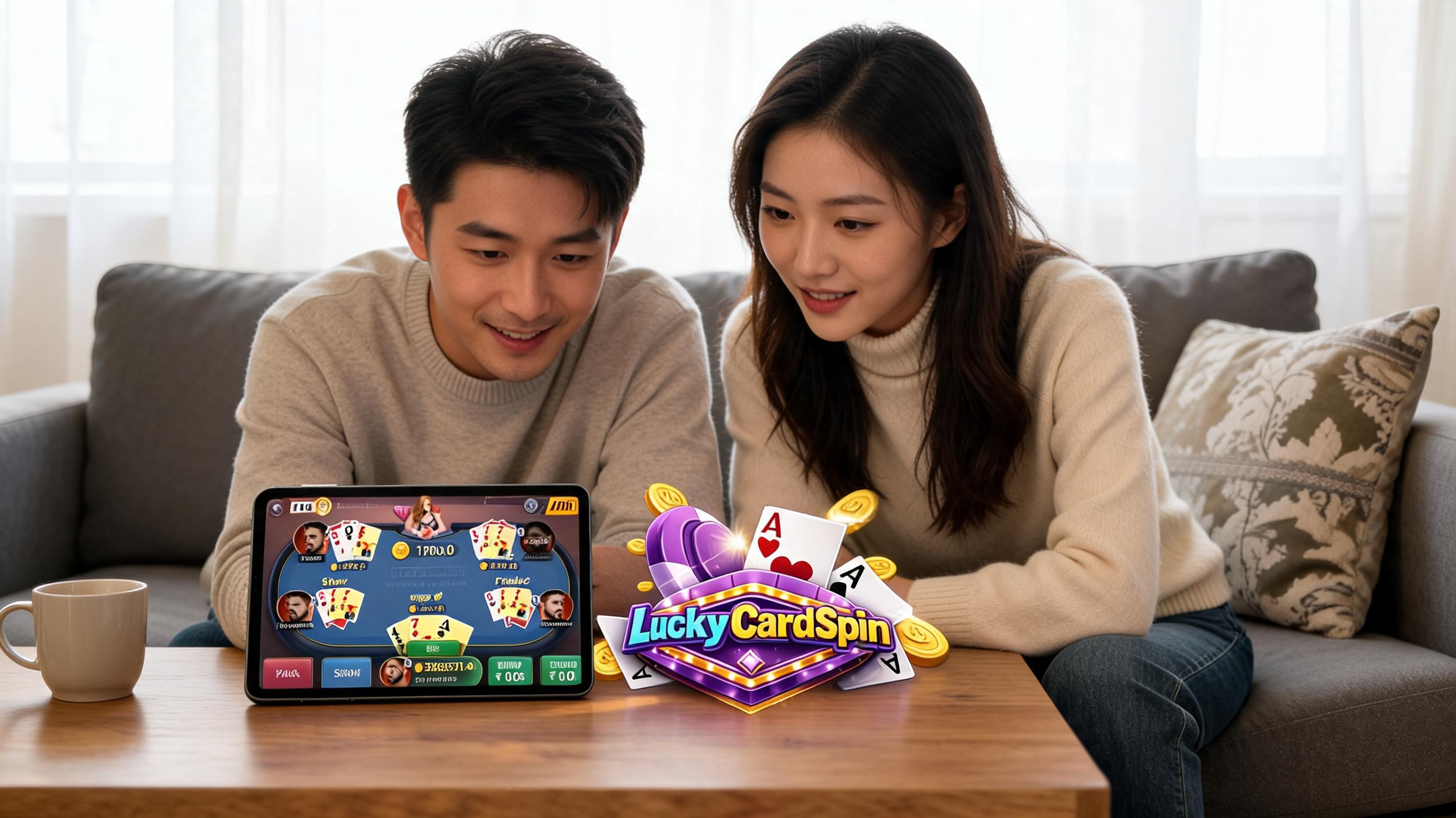 A couple sits on a couch, smiling while playing Teen Patti on a tablet, with cards displayed on the screen.