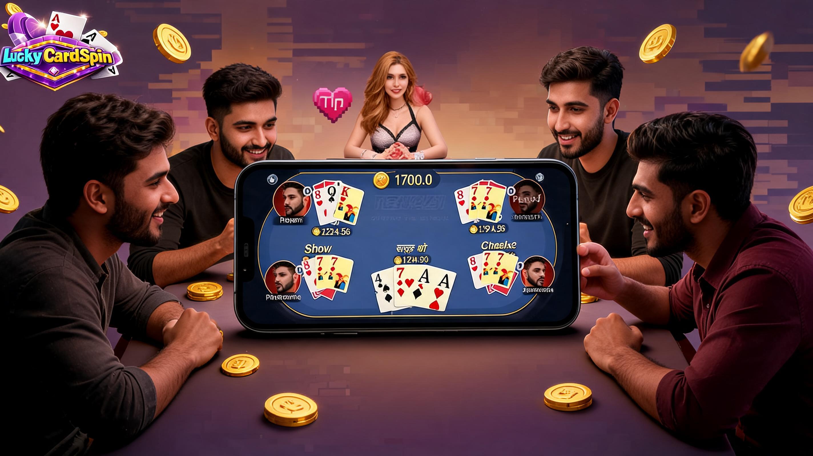 A group of four friends gathered around a smartphone playing Teen Patti online, with colorful coins around them.