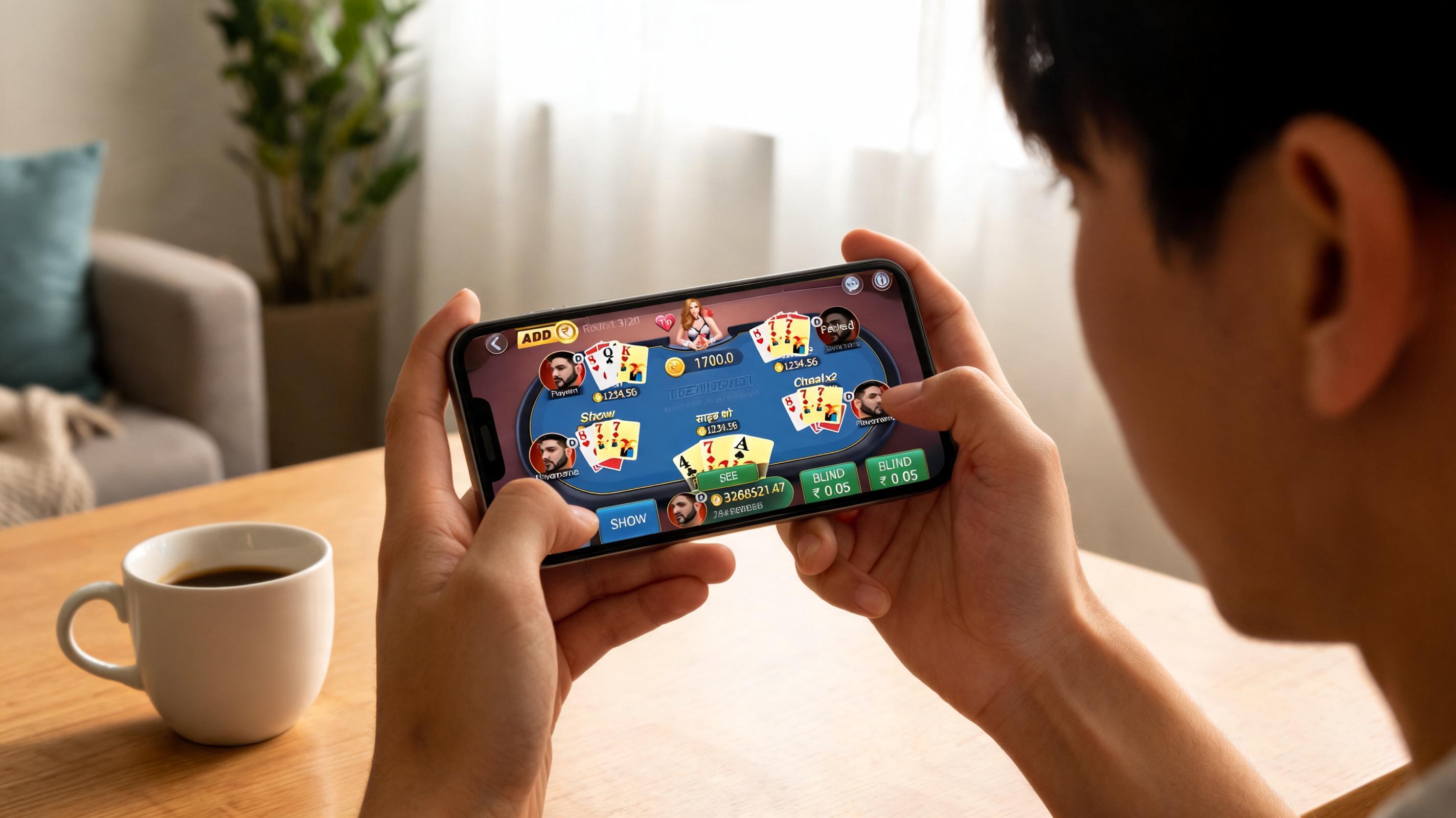 एक व्यक्ति लकड़ी की मेज पर स्मार्टफोन पर Teen Patti खेल रहा है, पास में एक कप कॉफी है।