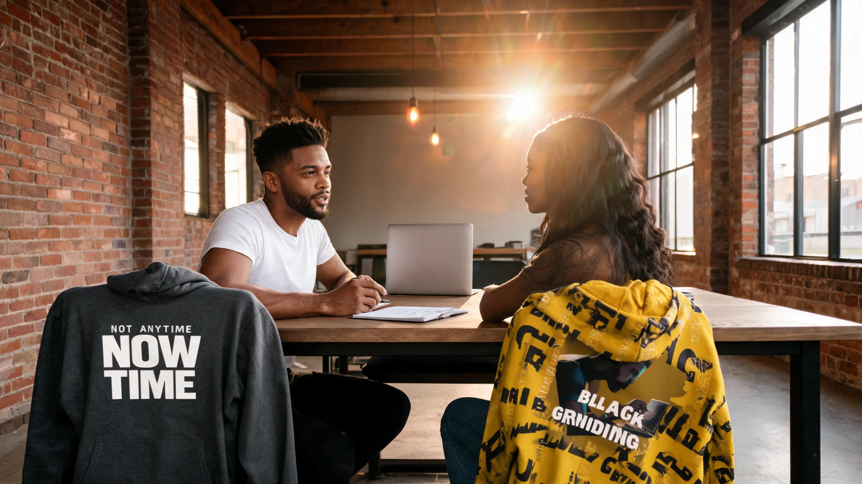 A man and woman discuss at a table in a stylish workspace, with hoodies hanging on chairs, highlighting website design cost.