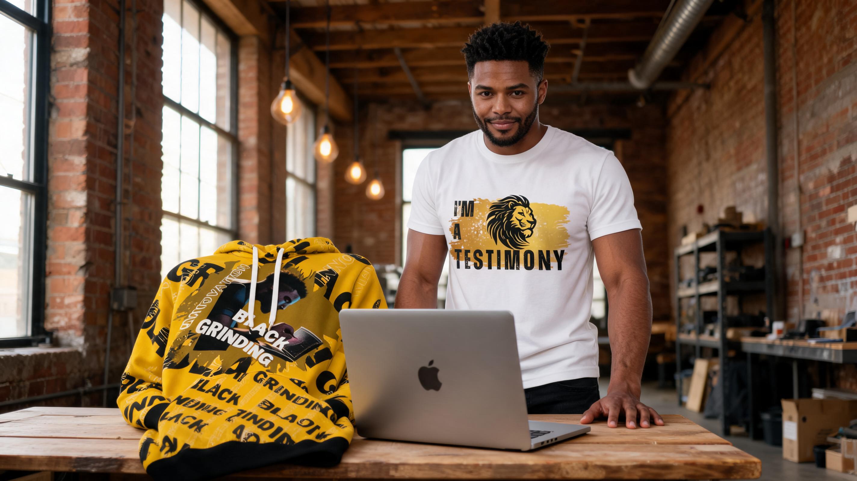 A man stands beside a laptop on a wooden table in a stylish loft, showcasing a hoodie with bold text.