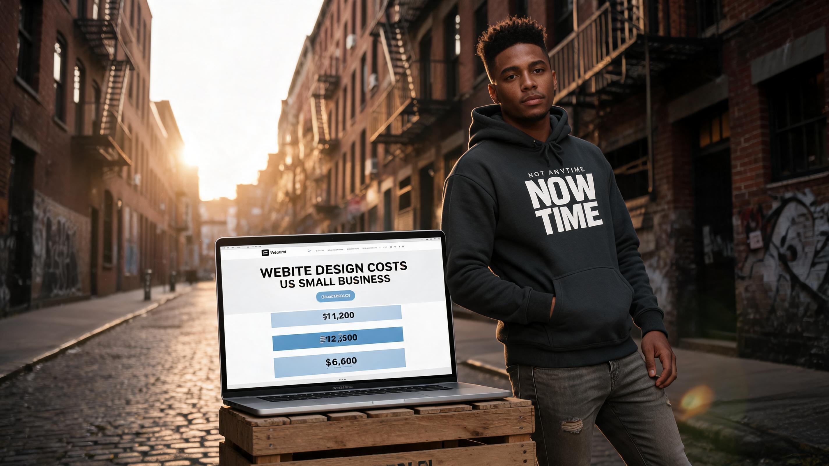 A young man stands beside a laptop displaying website design cost figures in a city alley at sunset.