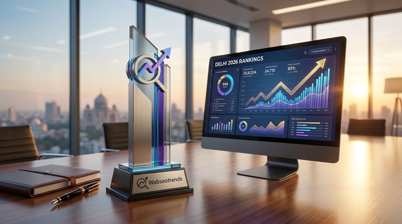 A modern office setting with a trophy labeled '2026 Rankings' and a computer displaying SEO analytics graphs.