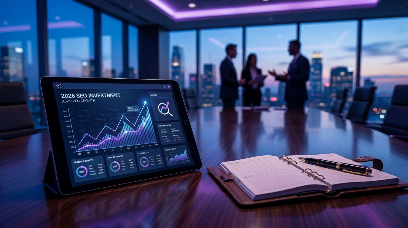 A tablet displaying a graph titled '2026 SEO Investment' on a conference table