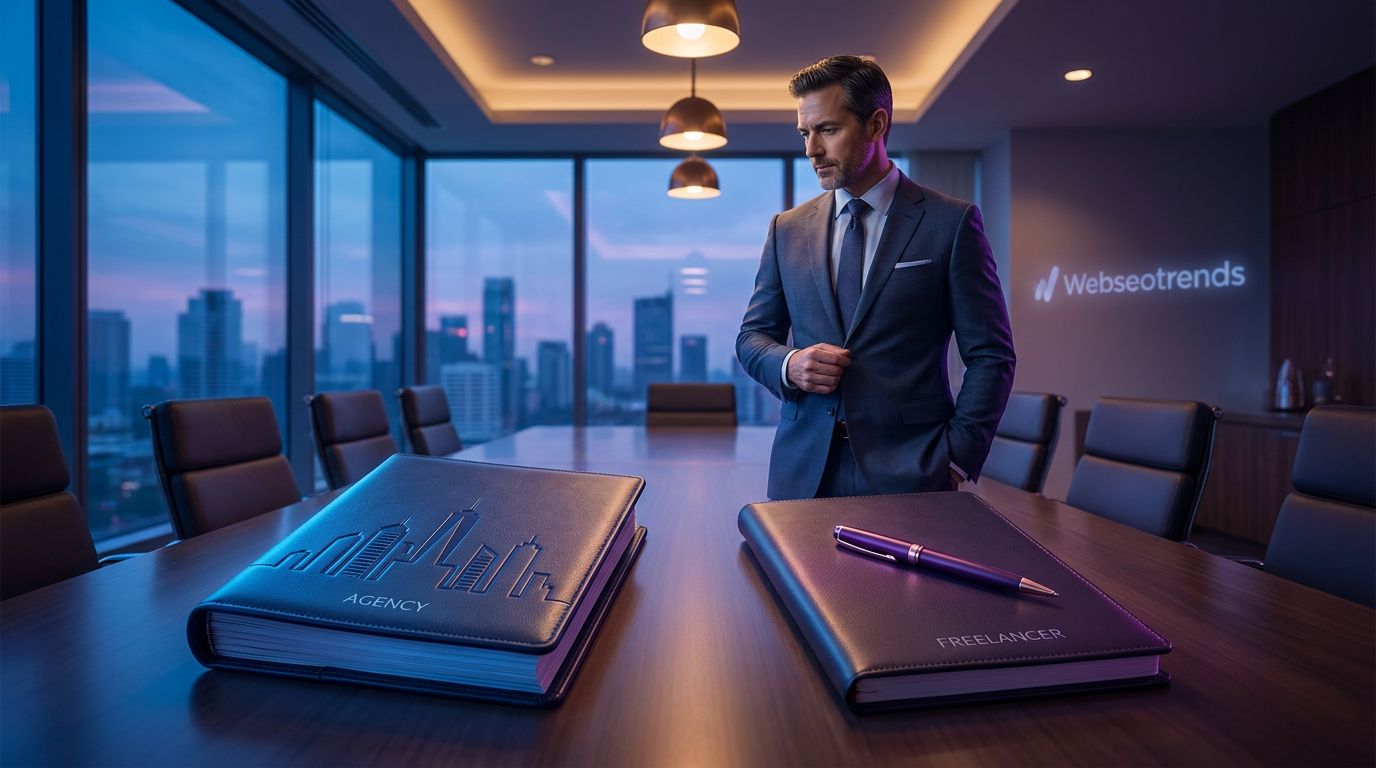 A businessman in a suit stands in a modern conference room, looking at two notebooks labeled 'AGENCY' and 'FREELANCER' on a