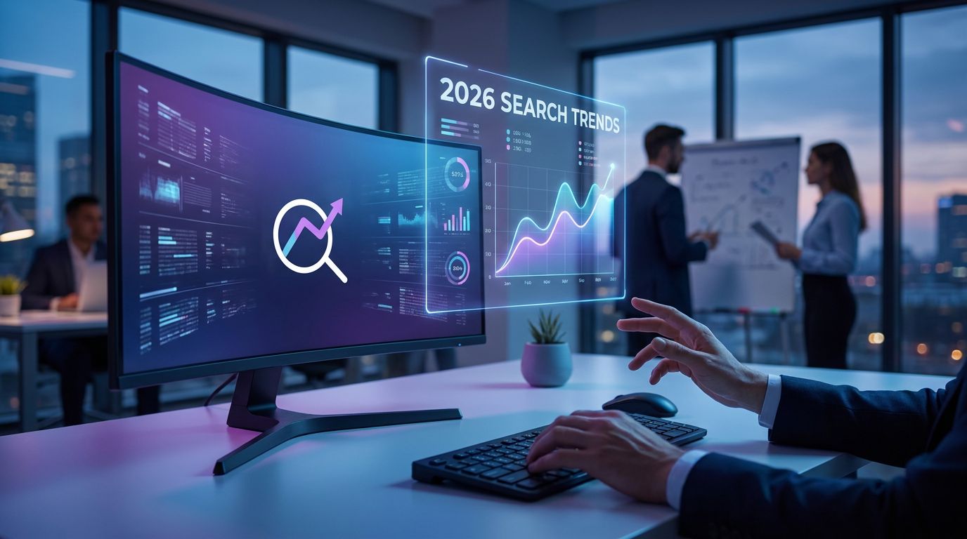 A person working at a desk with a computer displaying graphs and charts related to 2026 SEO trends