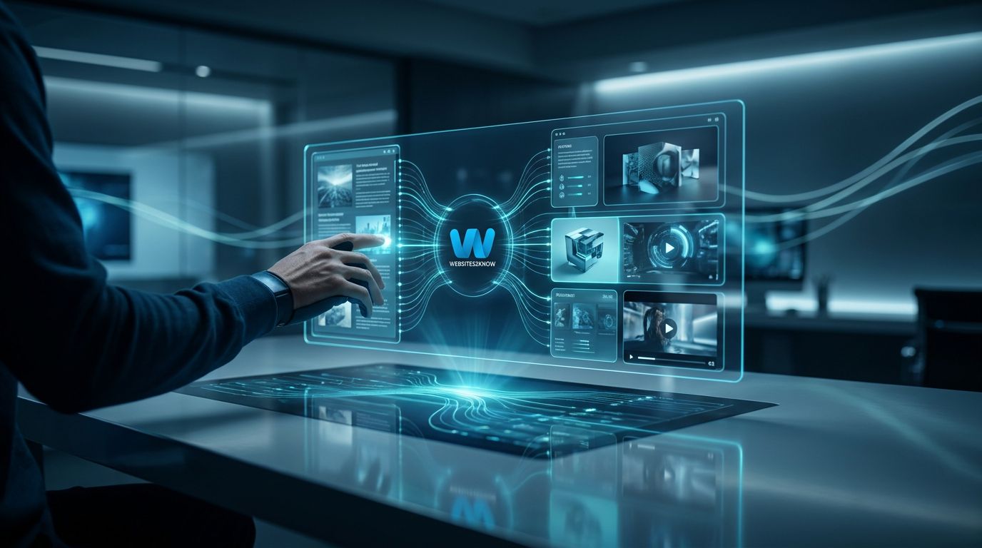 A person interacting with a futuristic holographic interface displaying various digital content creation tools.
