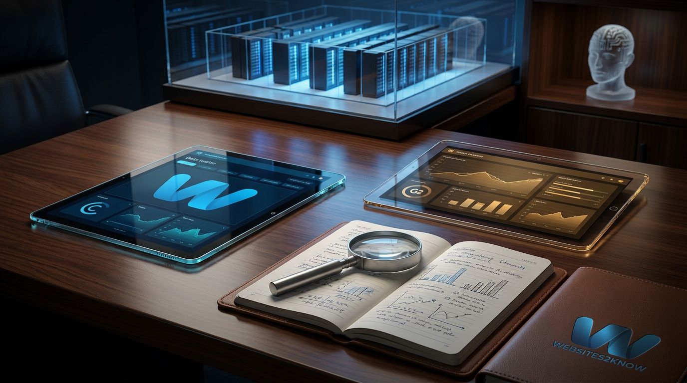 A modern workspace featuring tablets displaying data analytics, a magnifying glass, and a notebook with charts