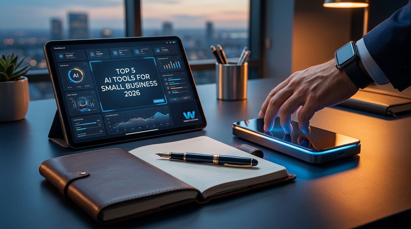 A hand interacts with a smartphone while a tablet displays AI tools for small business in 2026, on a desk.