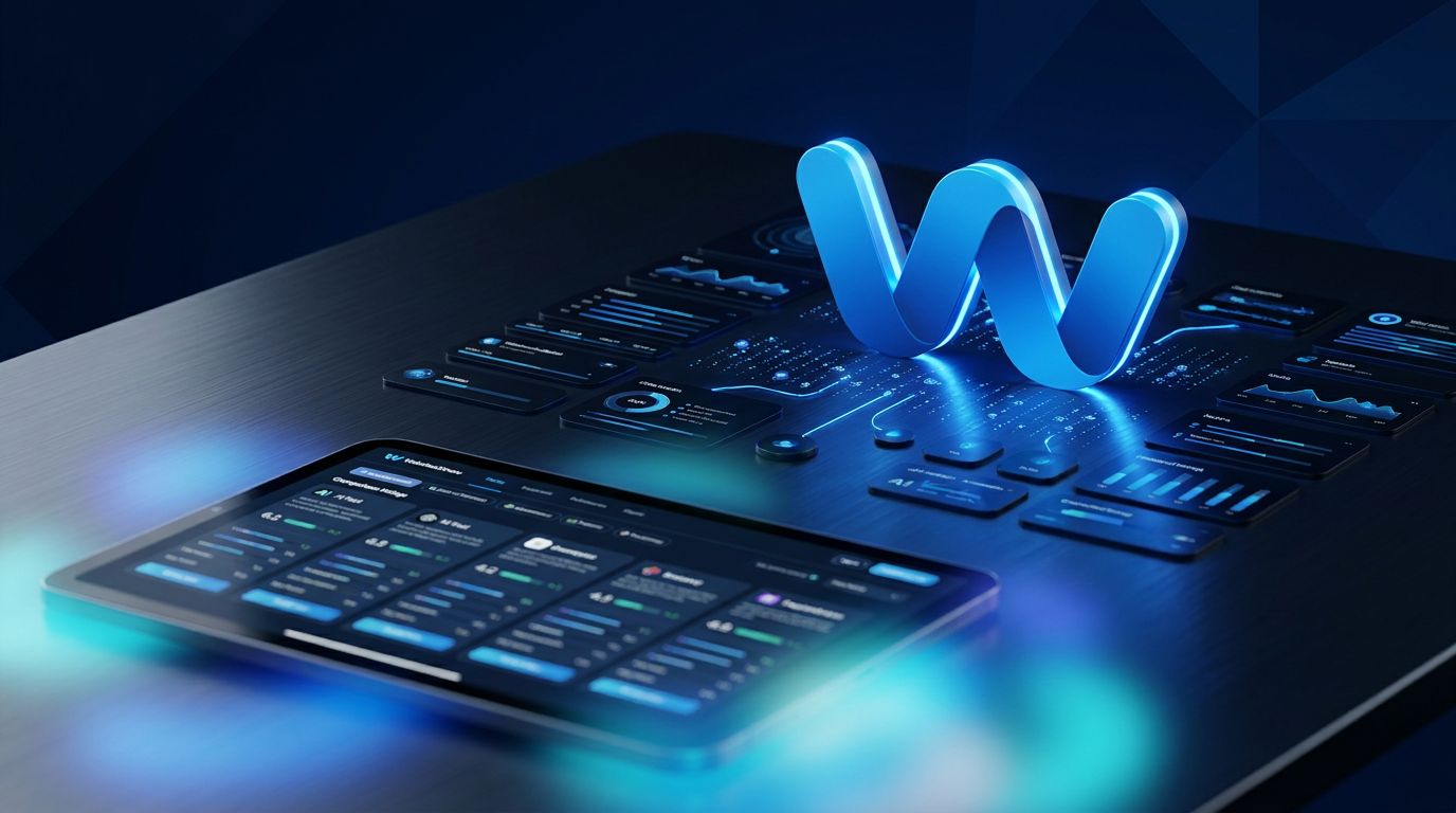 A glowing blue logo on a dark surface surrounded by digital interface elements and a tablet displaying data.