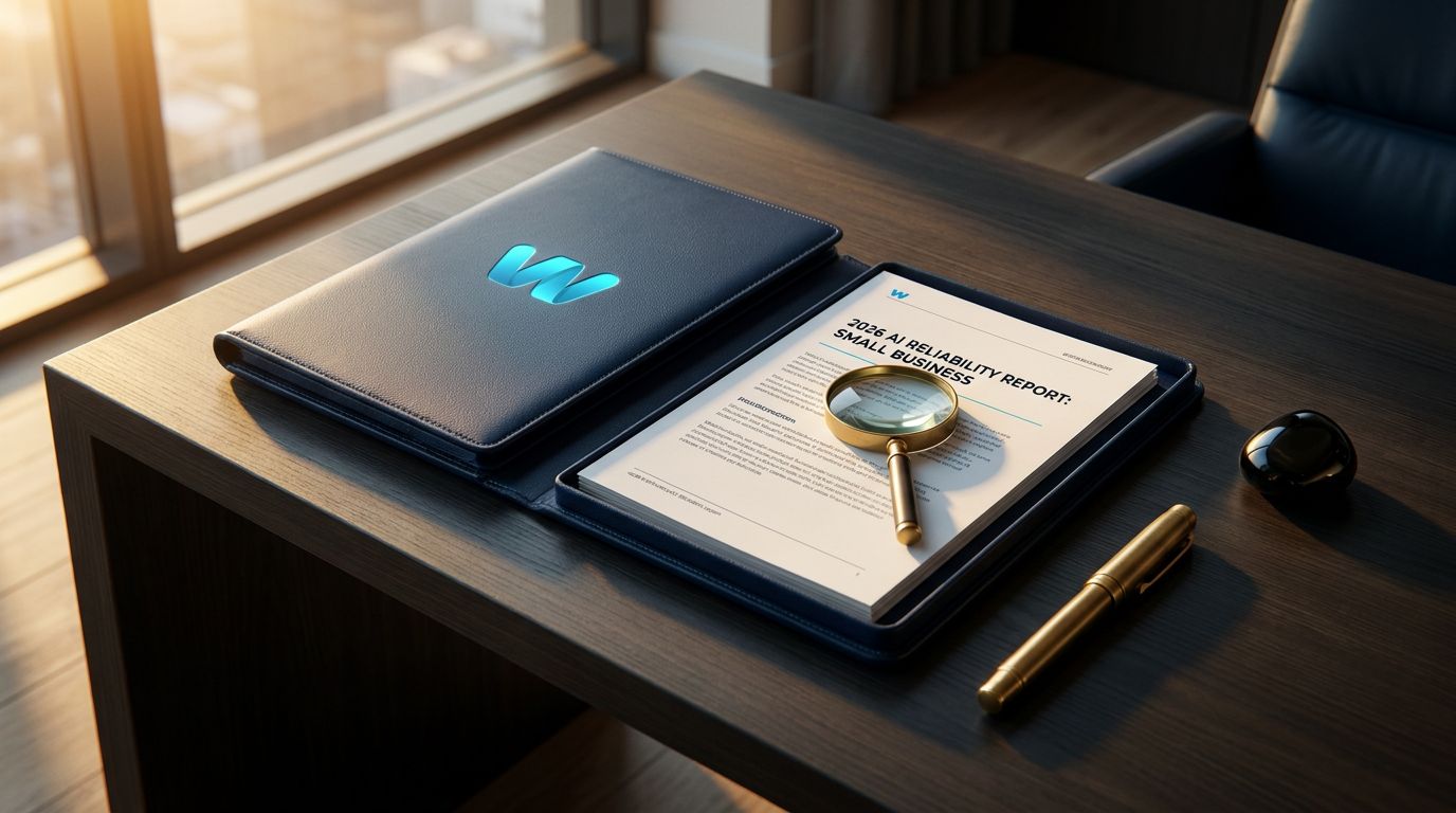 A sleek desk with a blue folder containing a report titled '2026 Reliability Report: Small Businesses', a magnifying glass