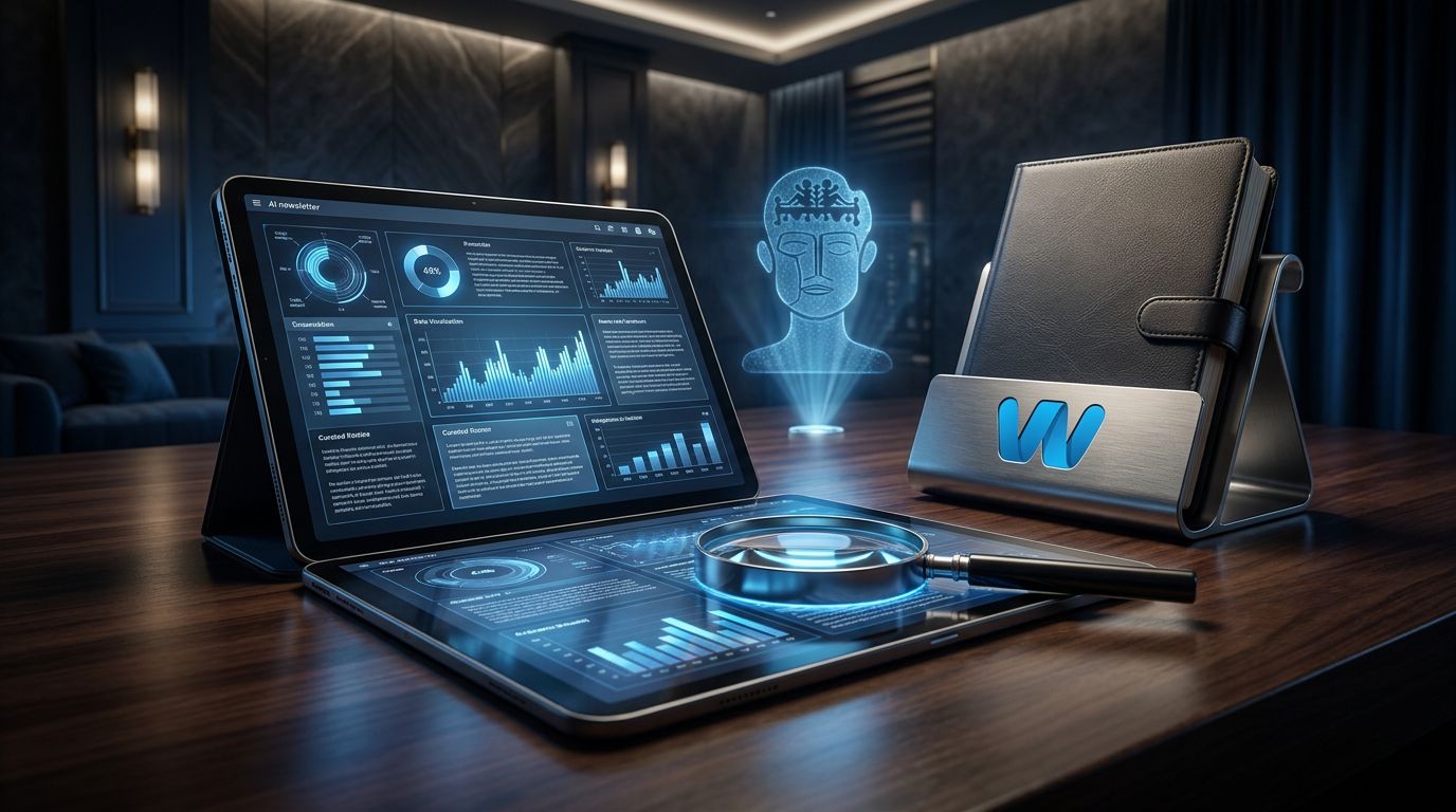A sleek tablet displaying data analytics and AI insights, with a magnifying glass and a stylish notebook nearby.