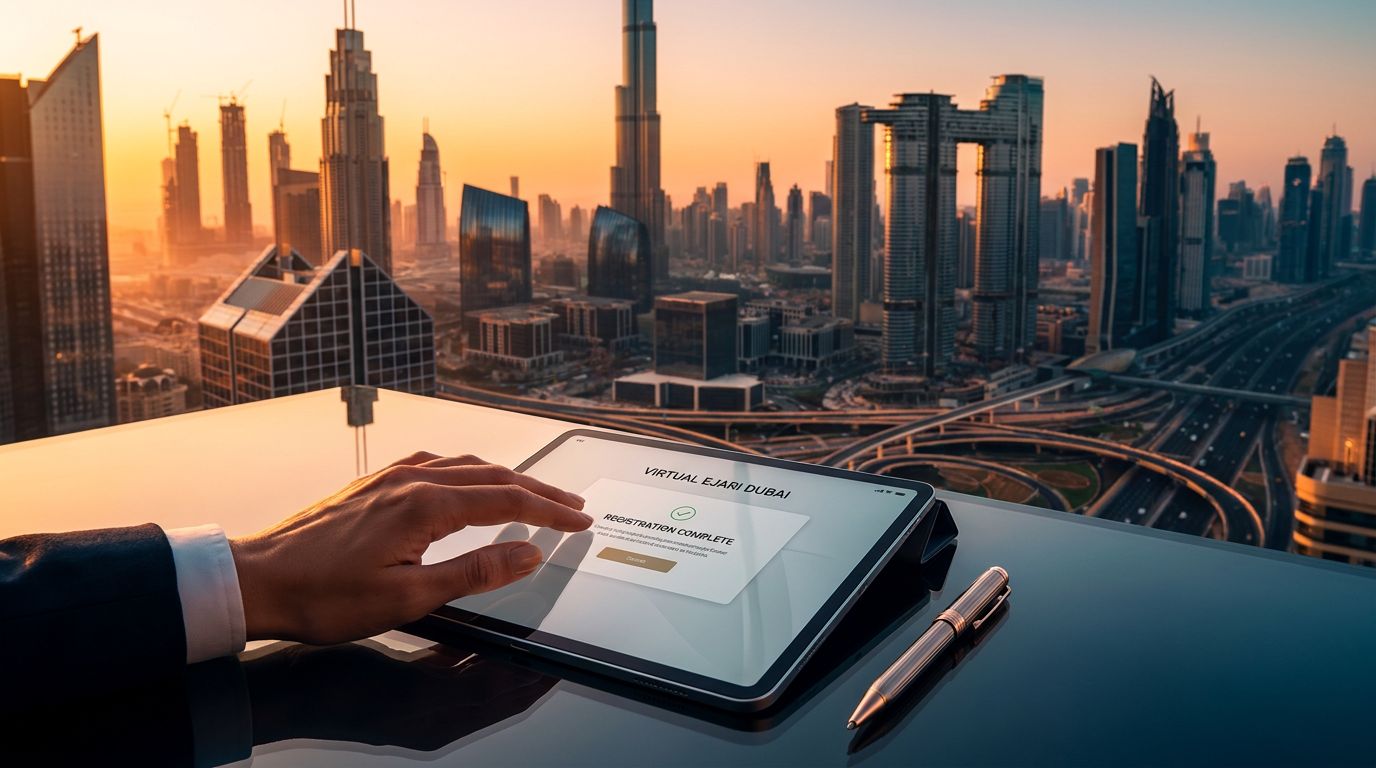 Bir el, arka planda gün batımında Dubai silueti ile kayıt onayını gösteren bir tablet kullanıyor.