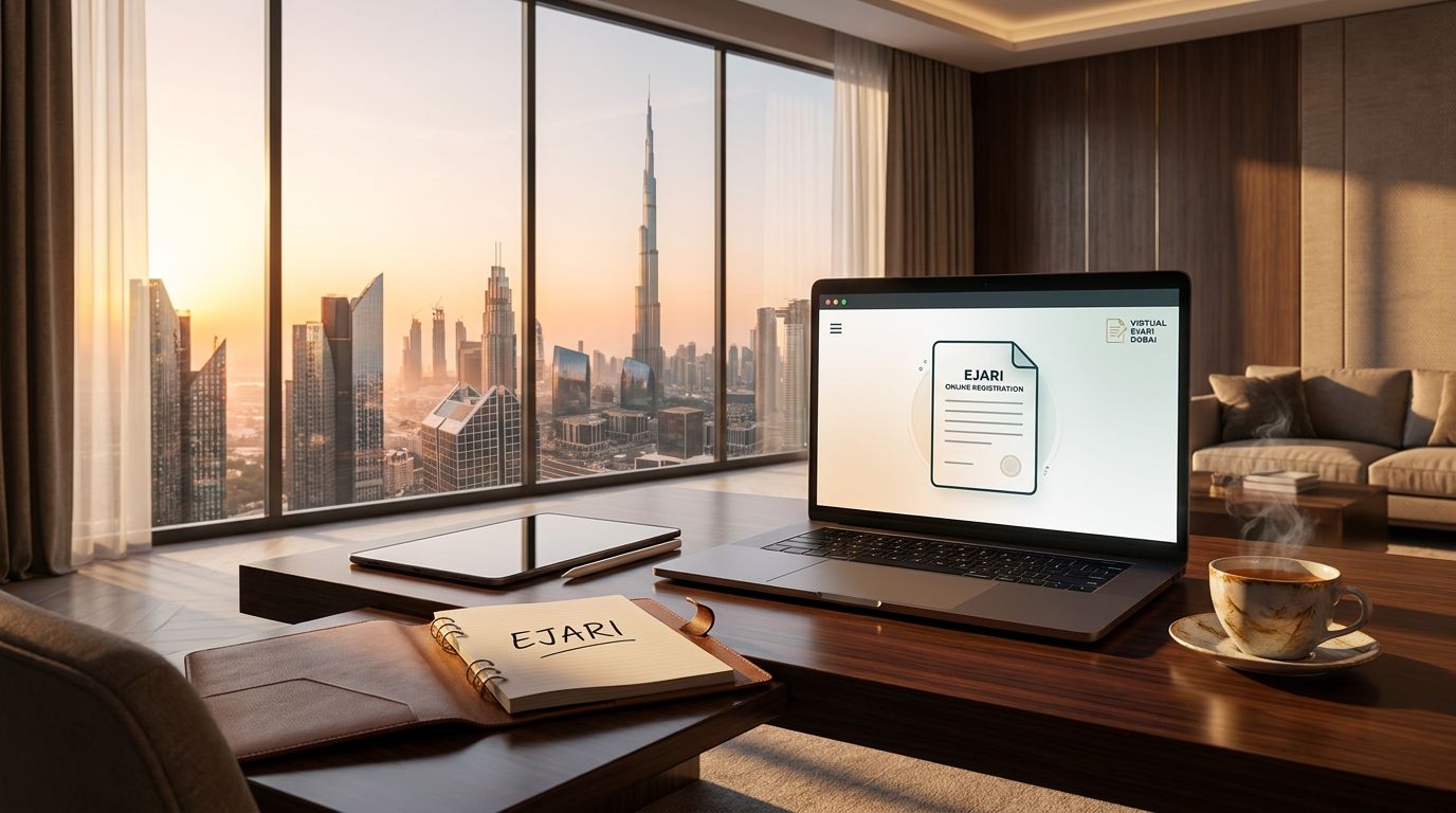 A modern workspace with a laptop displaying an Ejari registration page, a notebook labeled 'Ejari', and a cup of coffee