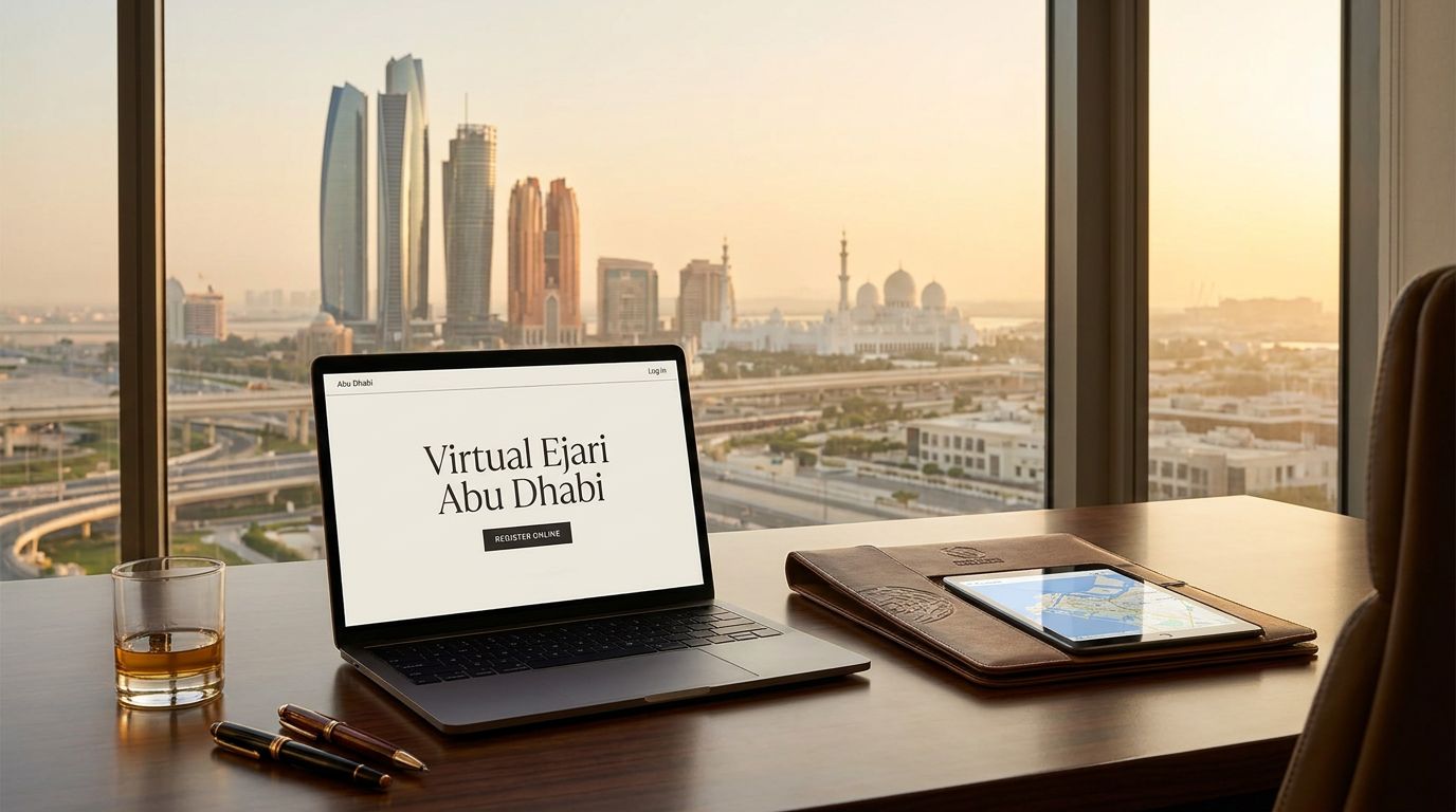 A modern workspace with a laptop displaying 'Virtual Ejari Abu Dhabi', overlooking a city skyline at sunset.