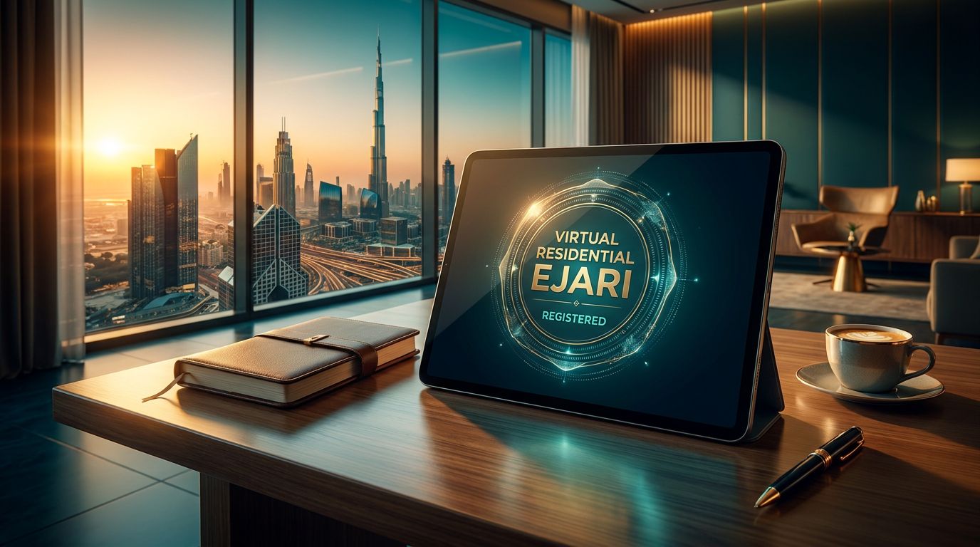 A modern office with a tablet displaying 'Virtual Residential Ejari' against a Dubai skyline at sunset.