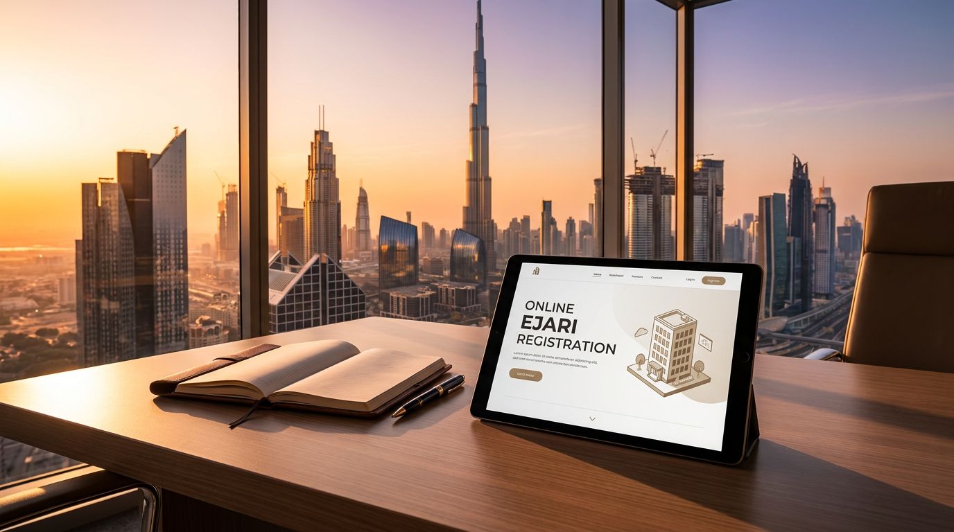 A sleek tablet displaying an online ejari registration page sits on a modern desk with a notebook