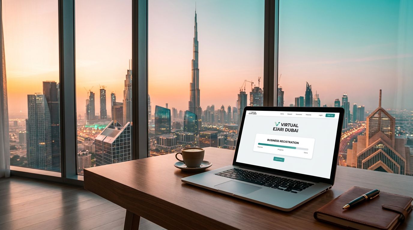 A laptop displaying a business registration website sits on a desk with a coffee cup, overlooking a Dubai skyline at sunset.