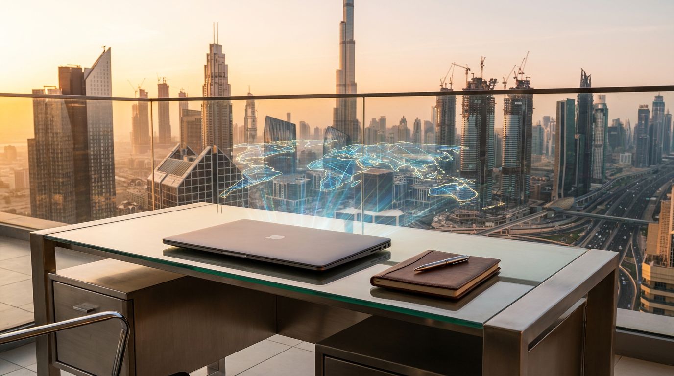 A sleek desk with a laptop and notebook sits against a backdrop of the Dubai skyline at sunset.