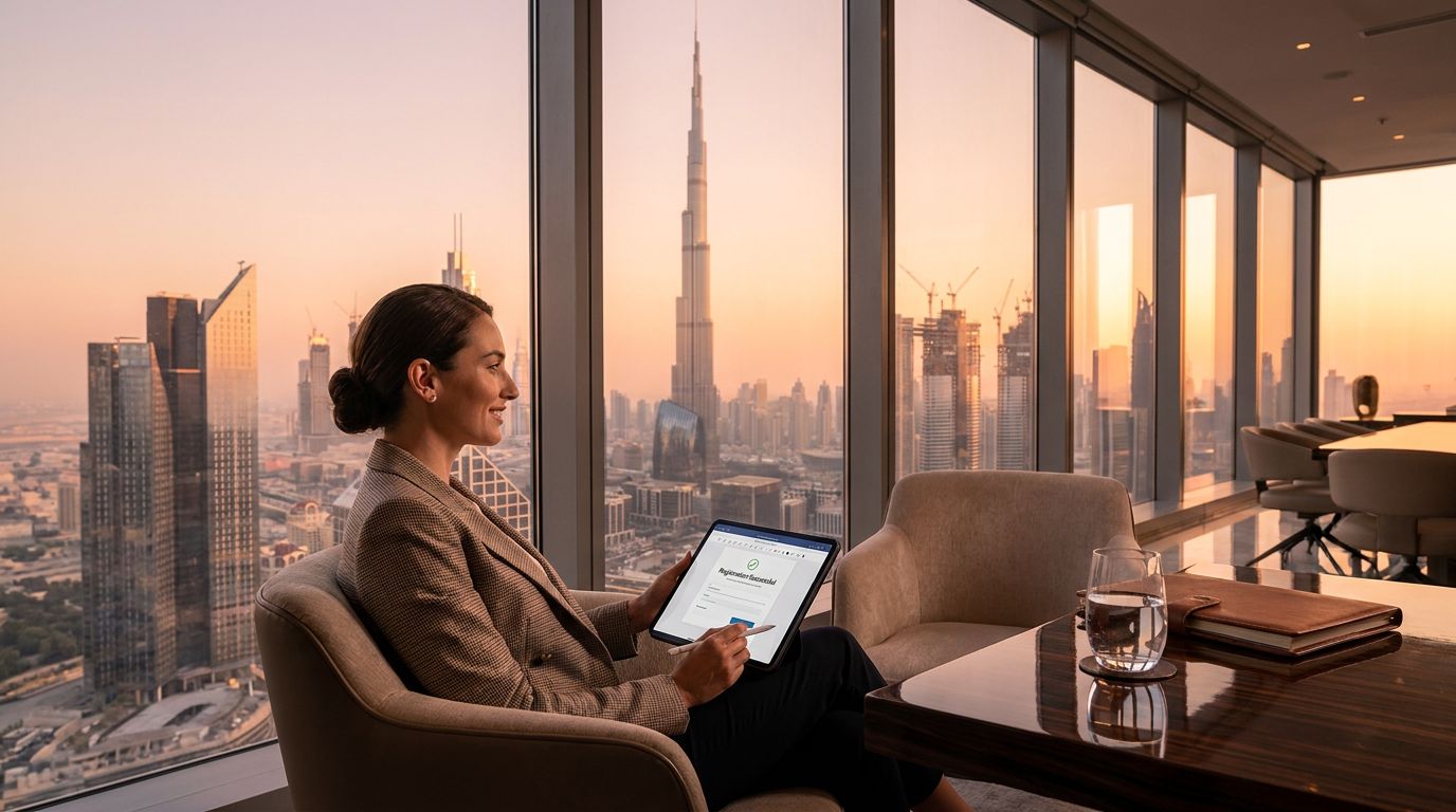 A woman sits at a modern desk with a laptop, overlooking the Dubai skyline at sunset, with the Burj Khalifa visible.