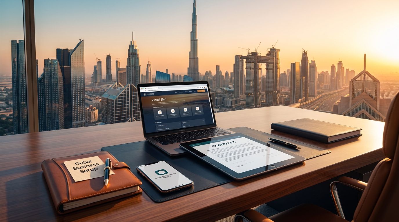 A modern workspace with a laptop displaying a business registration website, a tablet, and a smartphone