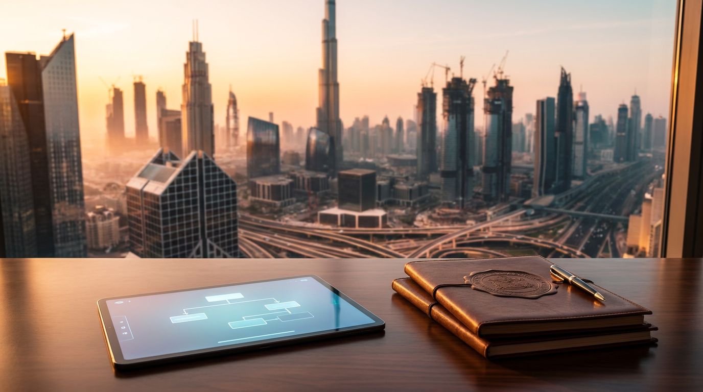 A tablet displaying a flowchart sits on a wooden desk next to stacked notebooks and a pen