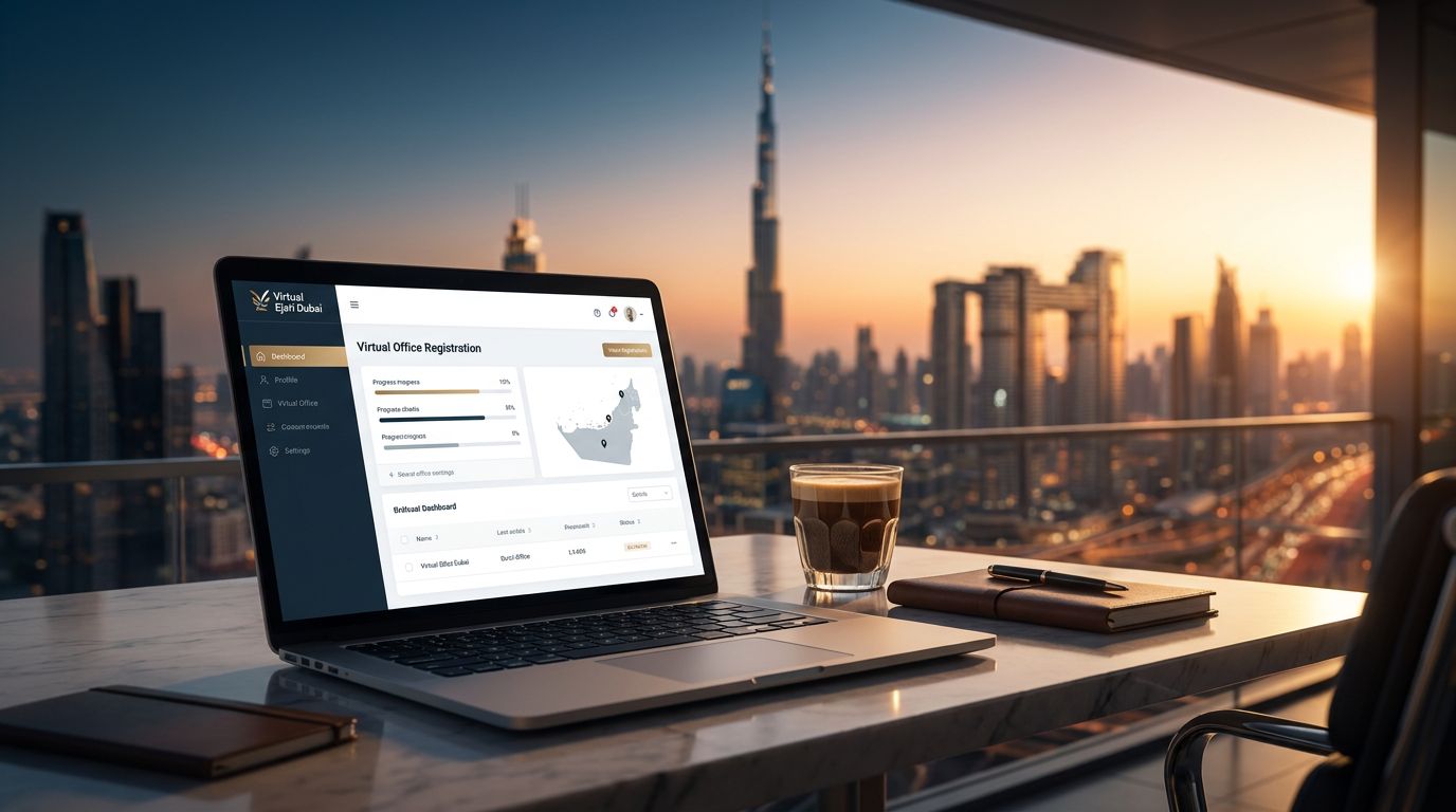 A laptop displaying a virtual office registration form with a city skyline at sunset in the background.