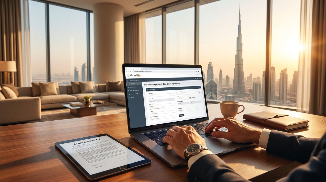 A person using a laptop to fill out an online form in a modern office with a view of Dubai's skyline.