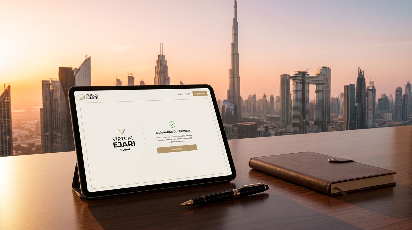 A tablet displaying the Virtual Ejari Dubai registration confirmation, set on a wooden table with a skyline view of Dubai