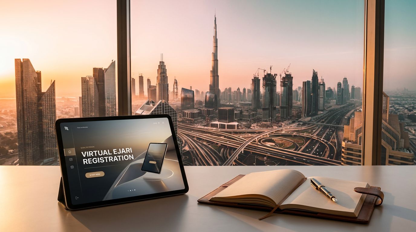A tablet displaying virtual registration for business setup in Dubai, with a notebook and pen beside it