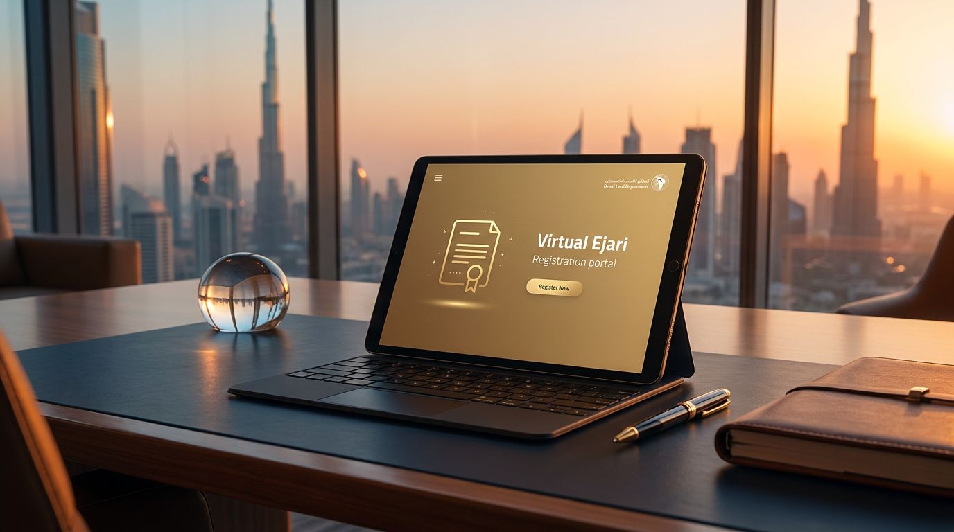 A tablet displaying the Virtual Ejari registration portal on a desk with a city skyline at sunset.