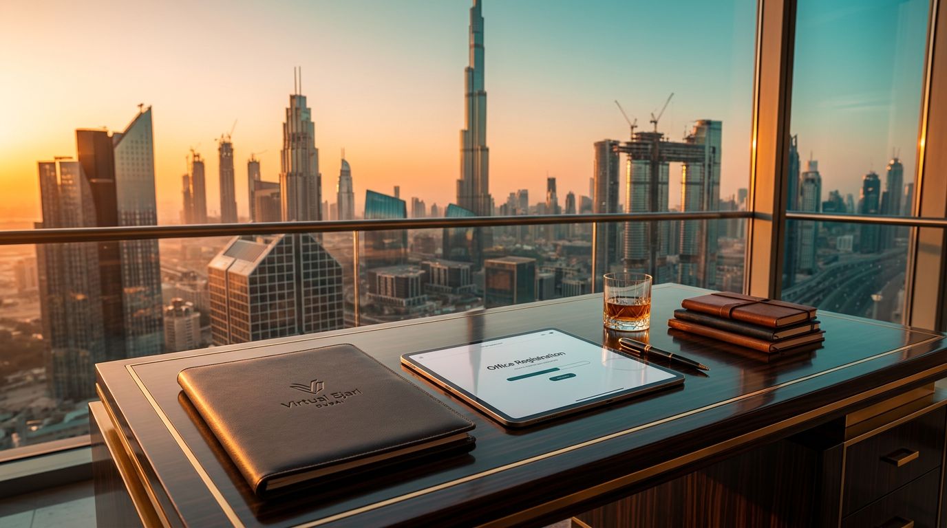 A sleek office desk with a tablet displaying a registration interface, overlooking a Dubai skyline at sunset.