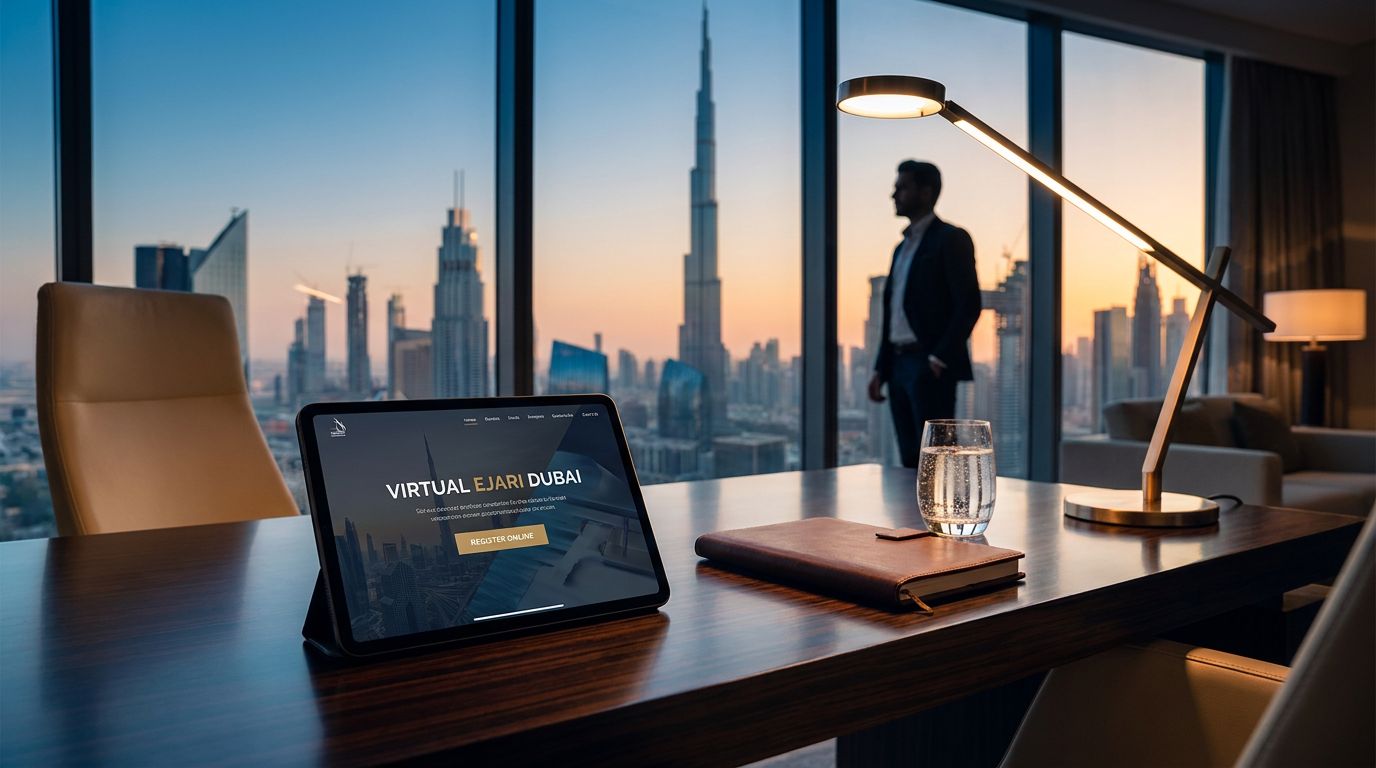 A modern office desk with a tablet displaying a website, a glass of water, and a notebook