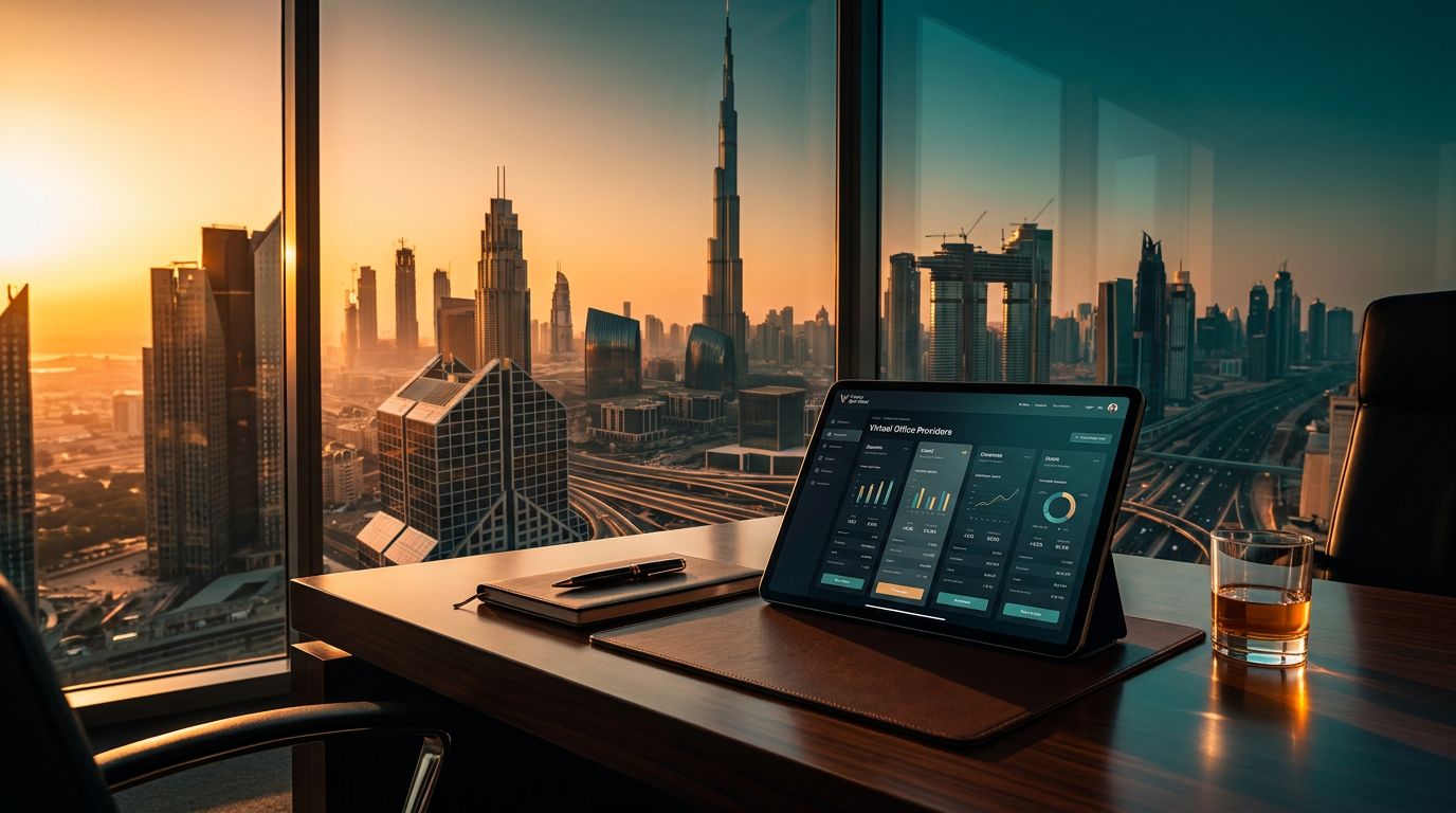 A sleek office desk with a tablet displaying business analytics, overlooking a sunset cityscape of Dubai.