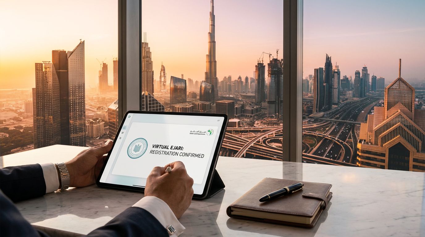 A person holding a tablet displaying a virtual office registration confirmation