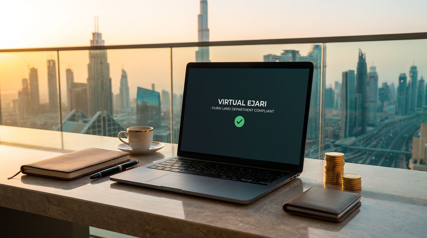 A laptop displaying 'Virtual Ejari' on the screen, with a coffee cup, notebooks