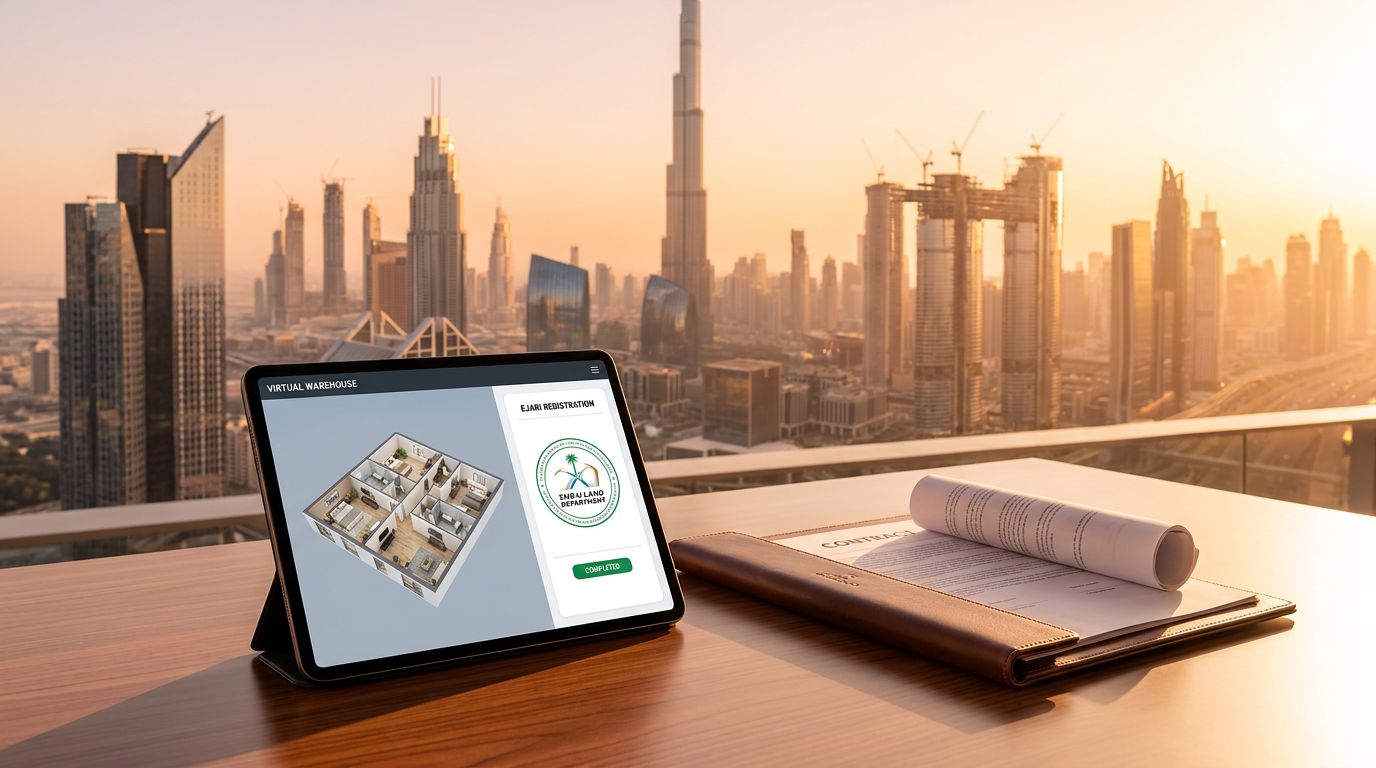 A tablet displaying a virtual warehouse layout sits on a wooden table with a city skyline of Dubai at sunset.