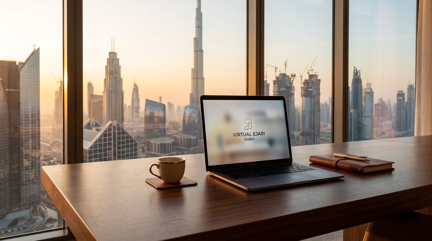 A laptop displaying a virtual office logo sits on a wooden desk with a coffee cup, overlooking Dubai's skyline at sunset.