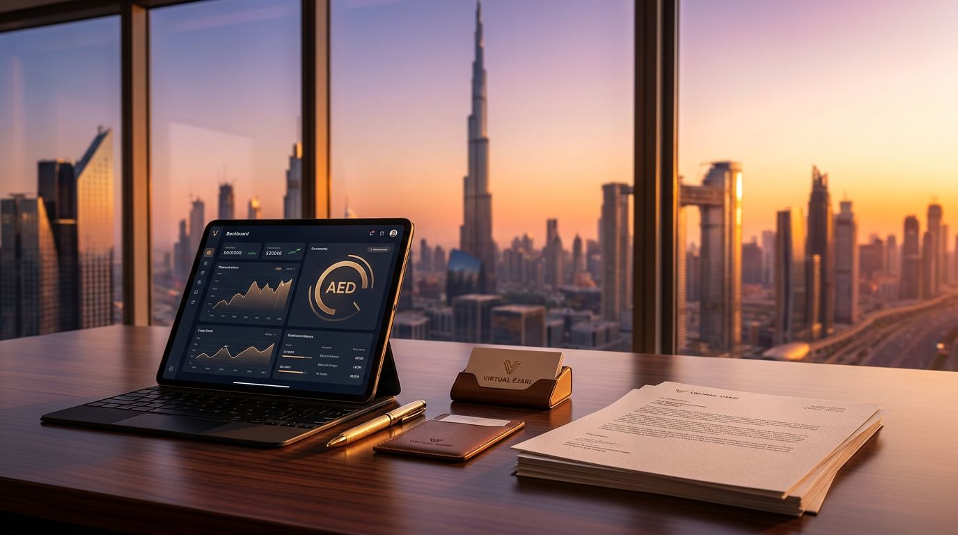 A sleek workspace with a tablet displaying financial graphs, a pen, and documents, overlooking Dubai's skyline at sunset.