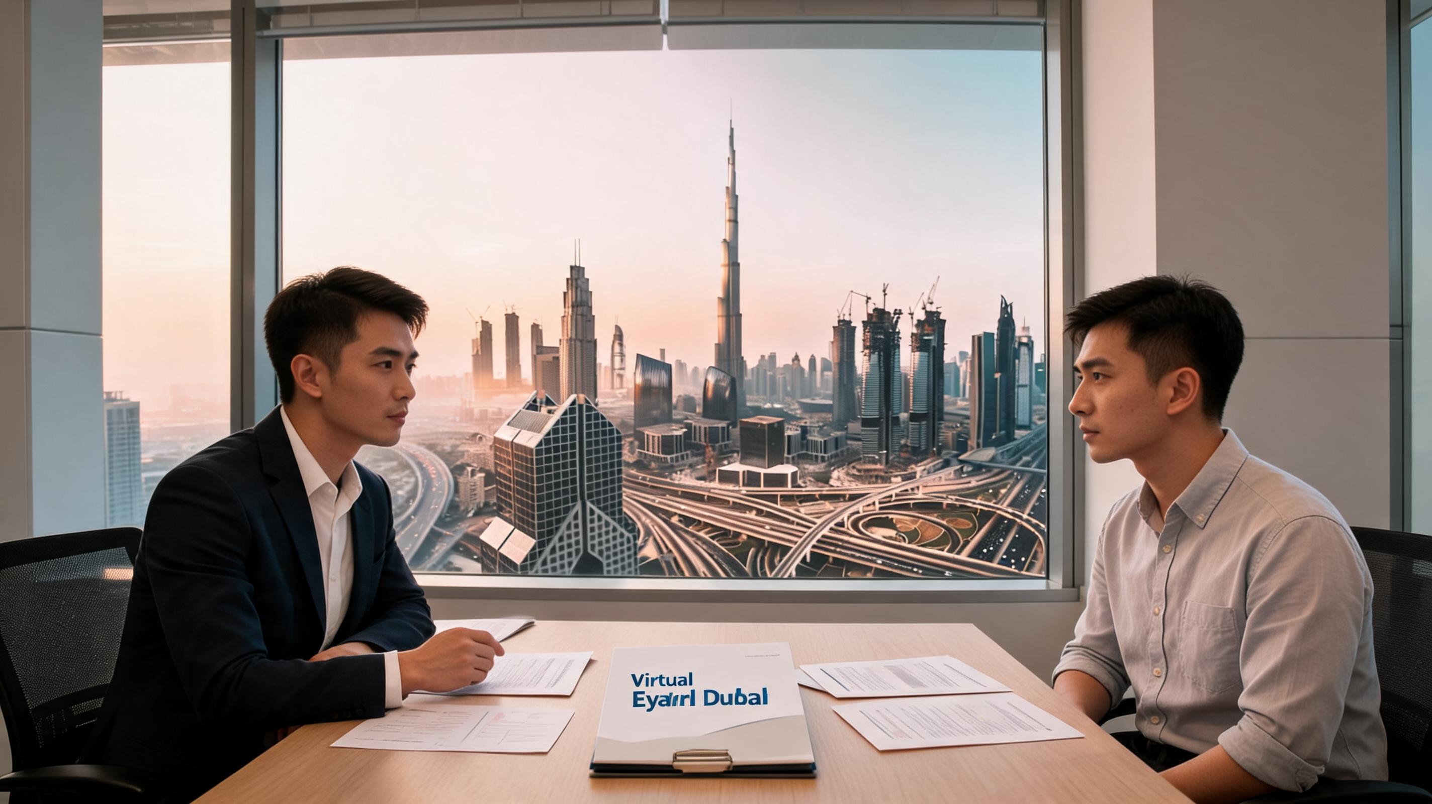 Two professionals seated at a table with documents, discussing virtual office services
